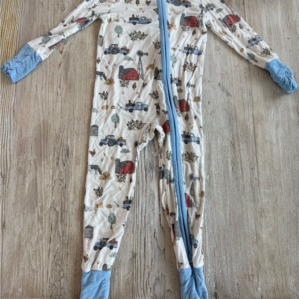 Farm Print Angel Dear Kids One Piece Pajama - Blue and White 12-18M